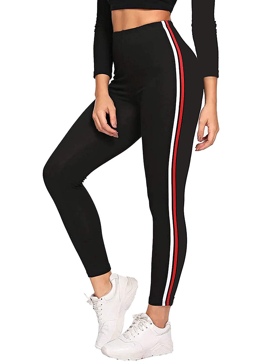 Women Red White Stripe Leggings