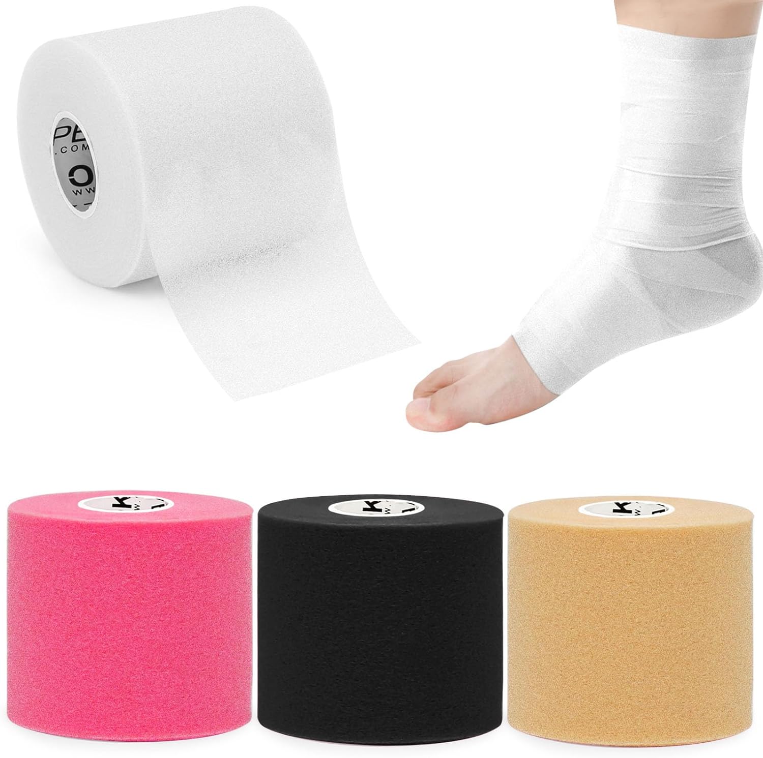 Pre Wrap Tape (4-Rolls) - Athletic Foam Underwrap for Sports, Protect for Ankles Wrists Hands and Knees, 2.75 Inches x 30 Yards - Black/Pink/Beige/White